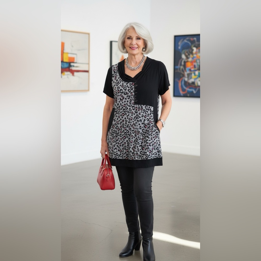 Fashion Bug Black and Gray Asymmetrical Short Sleeve Blouse